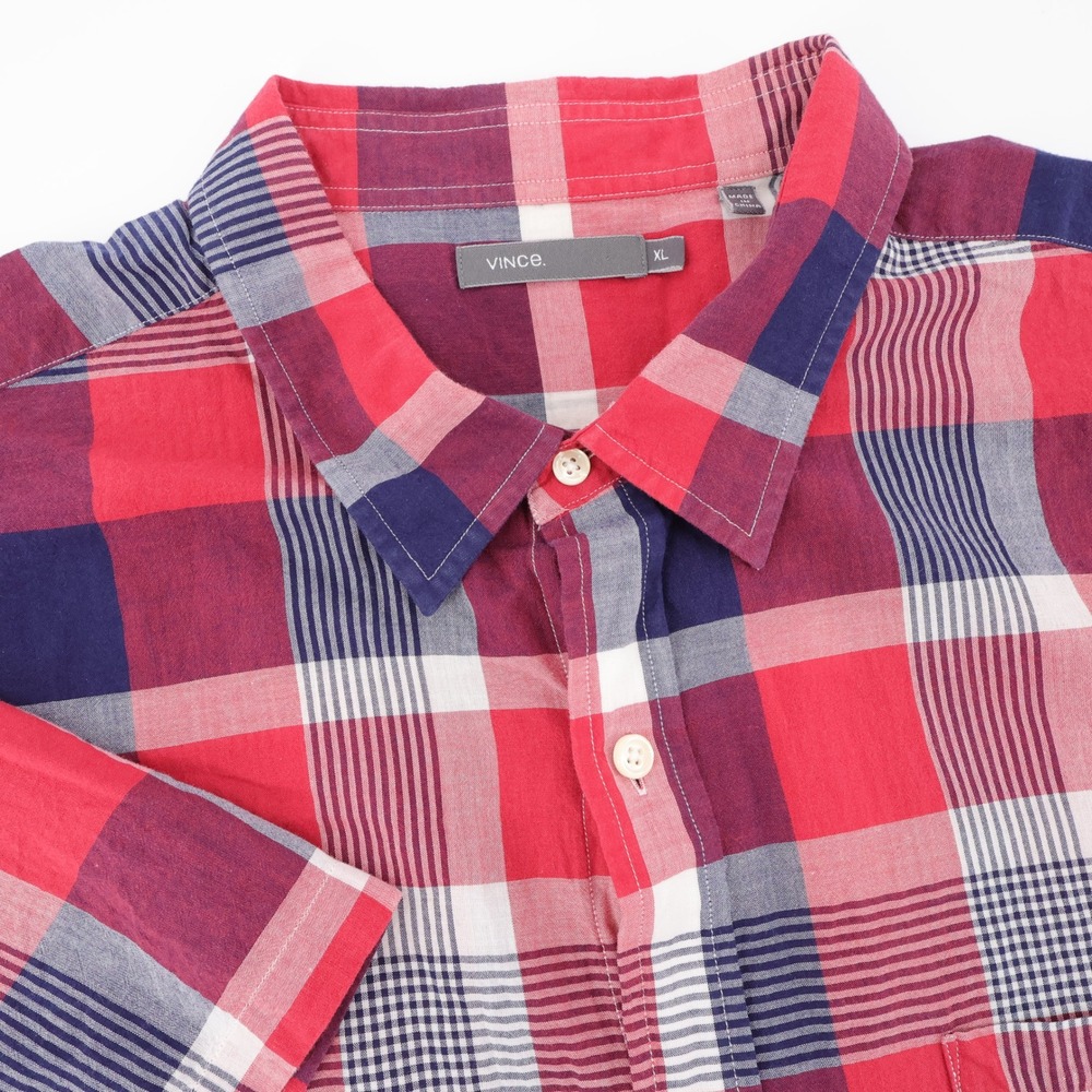 Vince Plaid Short Sleeve Button Down Shirt Red Plaid Mens XL